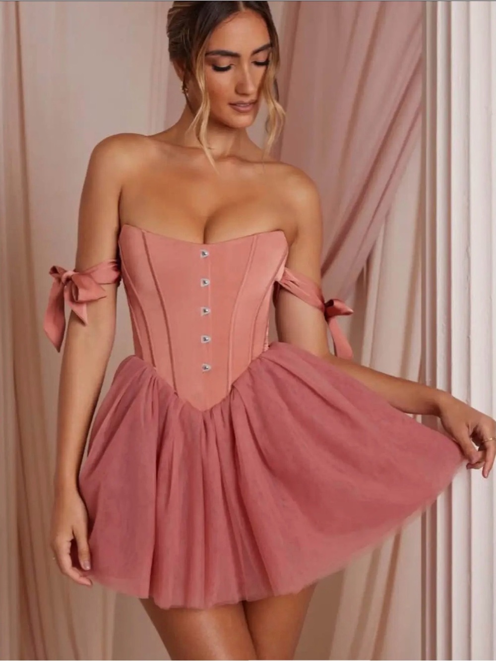 Oh Polly - REINE Size XS - Off-Shoulder Rose Pink Corset Tulle Mini Dress. - Picture 5 of 11